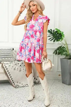 Flutter Sleeve Dress - Pink Floral - Fashionfitz
