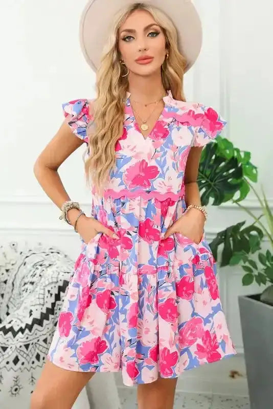Flutter Sleeve Dress - Pink Floral - Fashionfitz