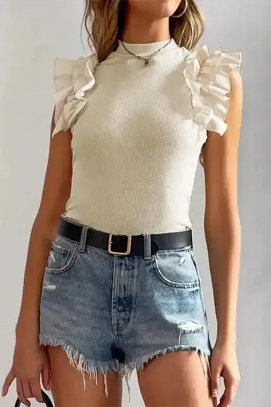 Beige flutter sleeve high neck ribbed blouse ruffle slim fit front view — Fashionfitz UK