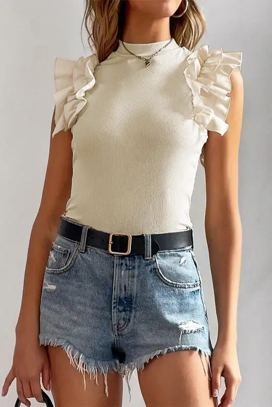 Beige ruffle flutter sleeve high neck ribbed blouse - s / 93% viscose + 7% elastane - blouses & shirts