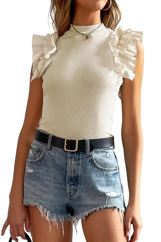 Beige ruffle flutter sleeve high neck ribbed blouse - blouses & shirts