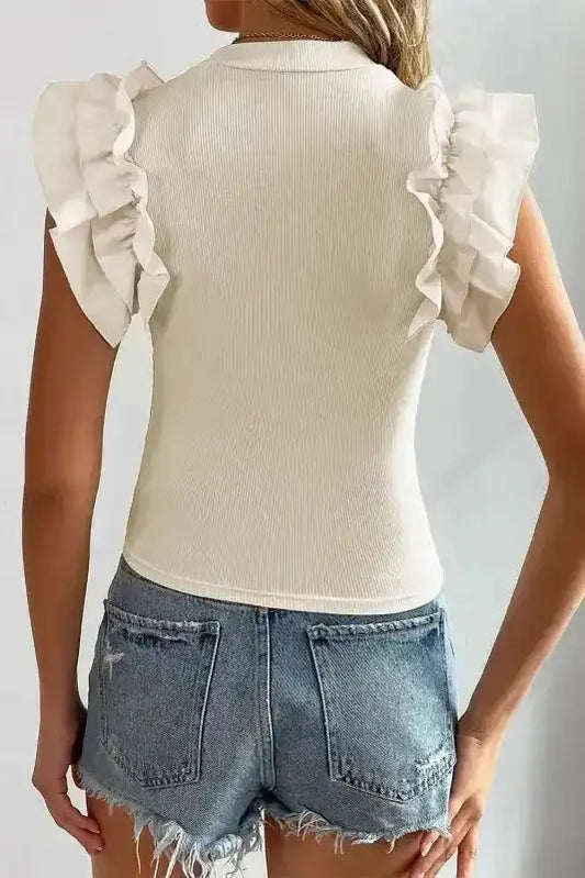 Flutter Sleeve High Neck Ribbed Blouse - Fashionfitz