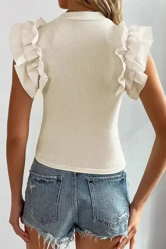 Beige flutter sleeve ribbed blouse back view — Fashionfitz UK