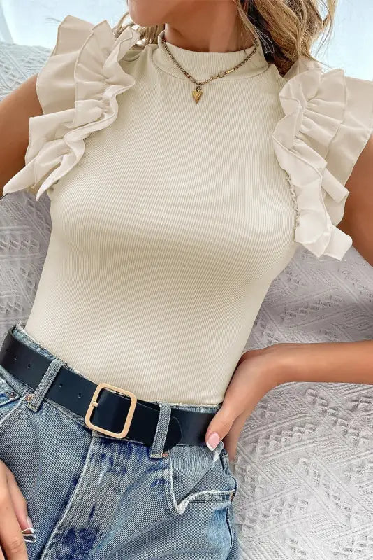 Beige ruffle flutter sleeve high neck ribbed blouse - blouses & shirts