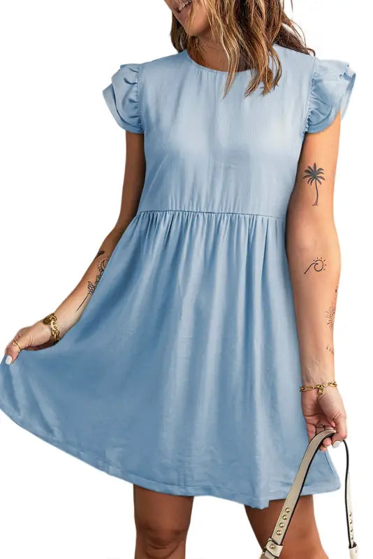 Flutter sleeve ruched denim casual dress - mini dresses