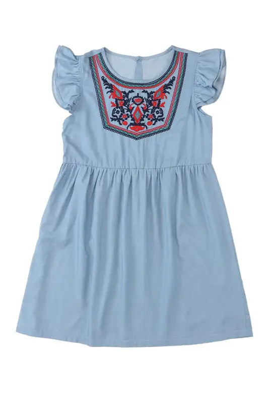 Flutter sleeve ruched denim casual dress - mini dresses