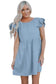 Flutter sleeve ruched denim casual dress - mini dresses