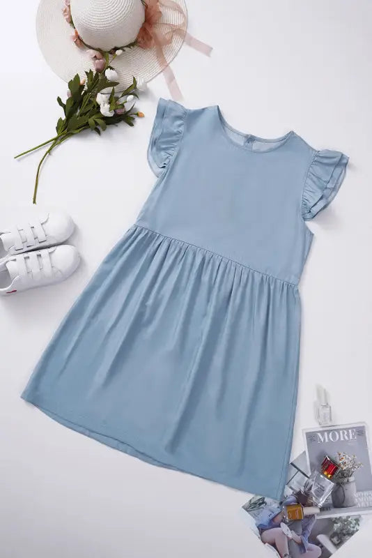 Flutter sleeve ruched denim casual dress - mini dresses