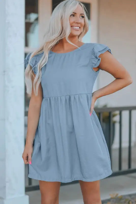 Flutter sleeve ruched denim casual dress - mini dresses