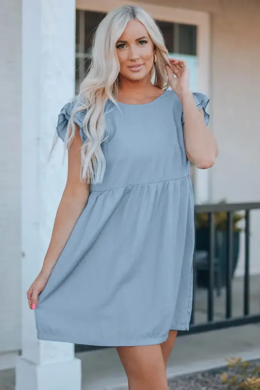 Flutter sleeve ruched denim casual dress - mini dresses