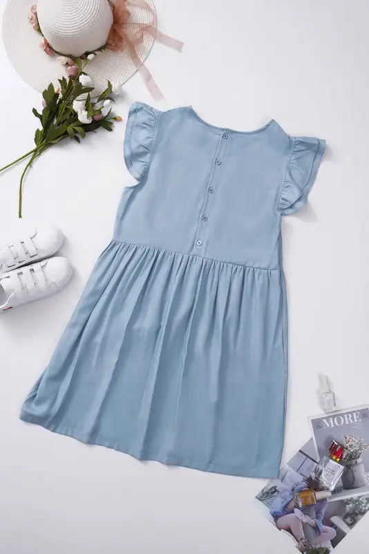 Flutter sleeve ruched denim casual dress - mini dresses