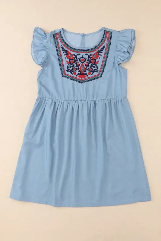 Flutter sleeve ruched denim casual dress - mini dresses