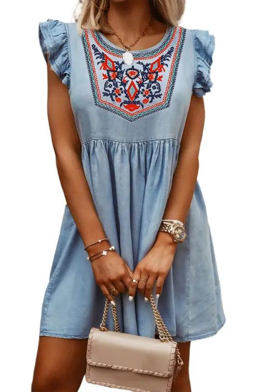 Flutter sleeve ruched denim casual dress - mini dresses