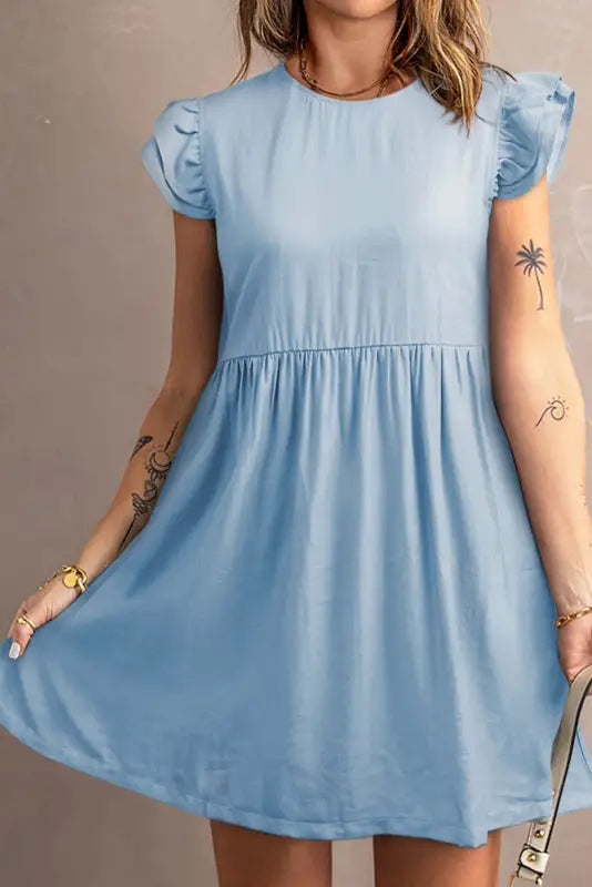 Flutter sleeve ruched denim casual dress - mini dresses