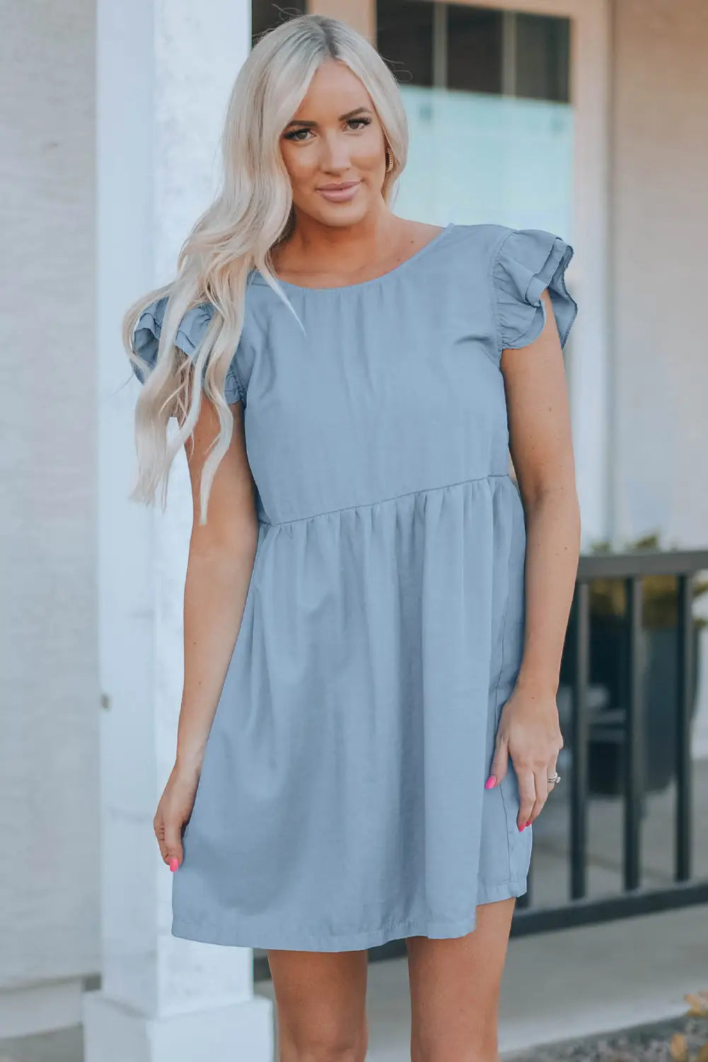 Flutter sleeve ruched denim casual dress - sky blue / s 100% polyester mini dresses
