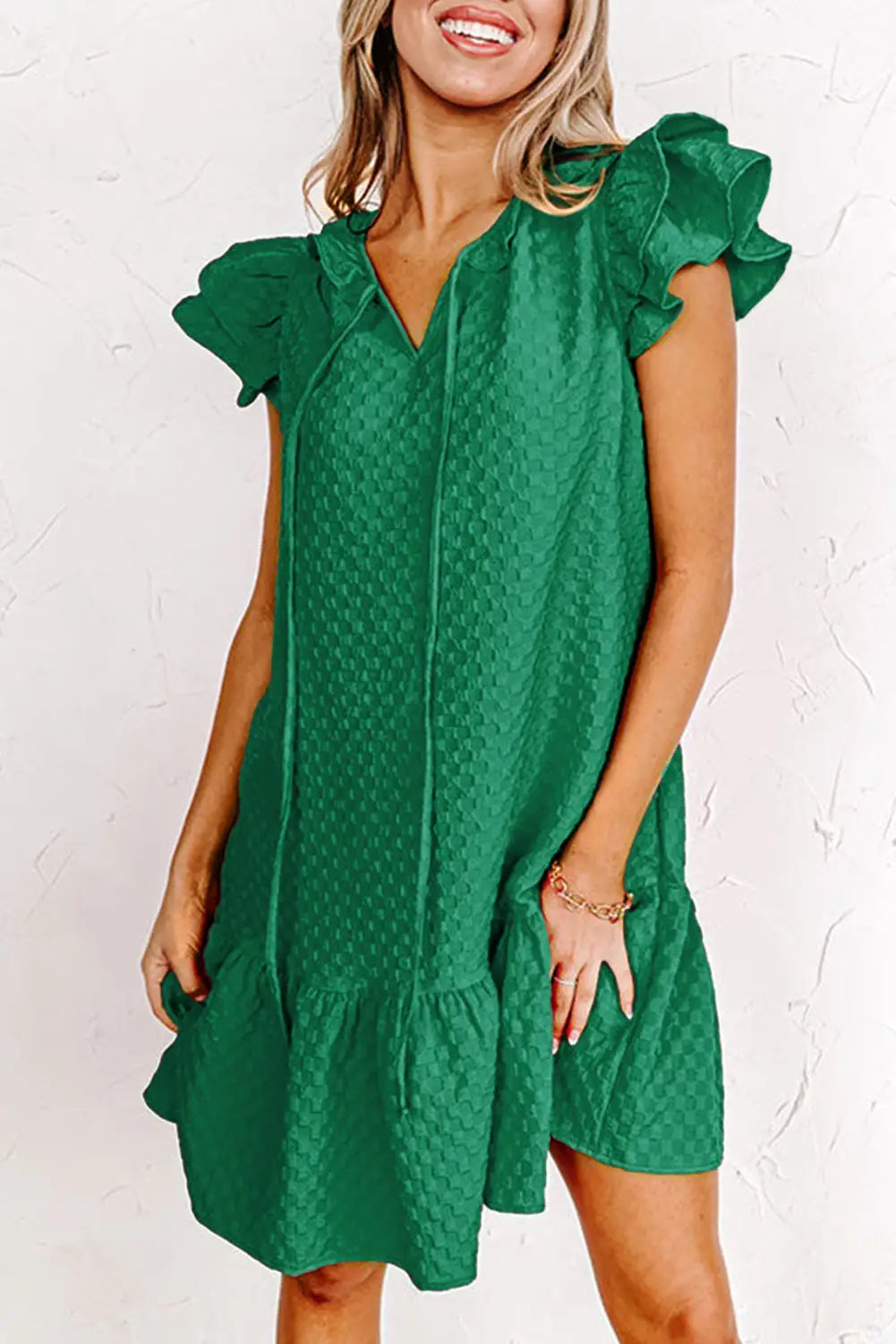 Flutter sleeve ruffled textured shift mini dress - blackish green / s / 95% polyester + 5% elastane - dresses/mini