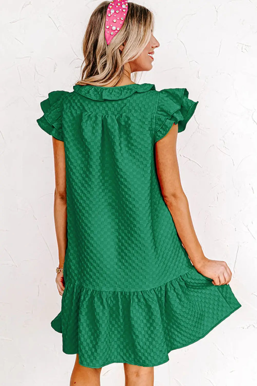 Flutter sleeve ruffled textured shift mini dress - dresses/mini dresses