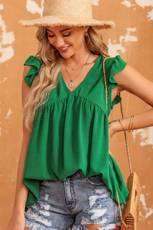 Green v neck flutter sleeveless top - s / 100% polyester - tank tops