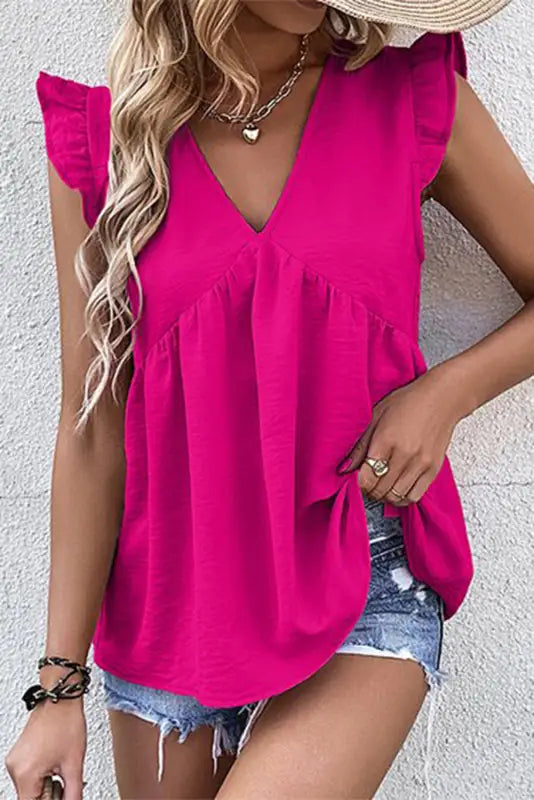 Green v neck flutter sleeveless top - tank tops