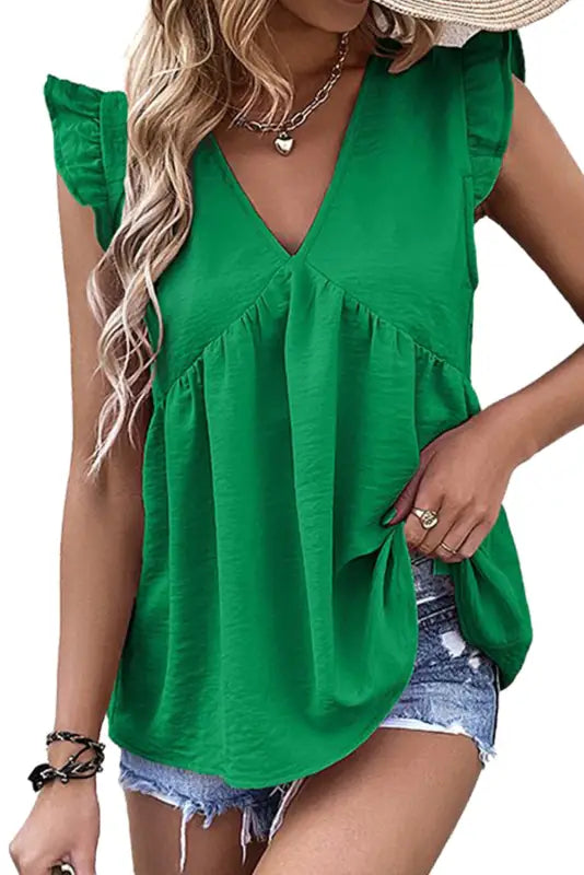 Green v neck flutter sleeveless top - tank tops