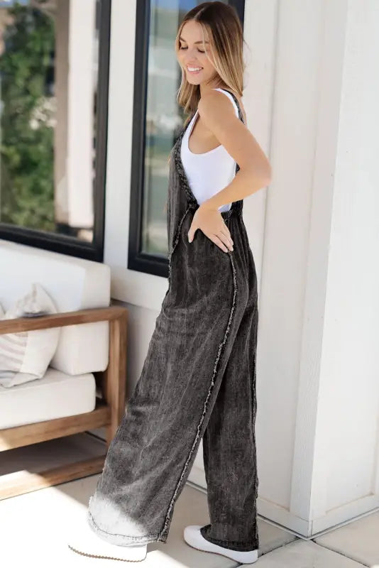 Frayed denim wide leg overalls by fashionfitz