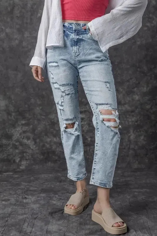 Frayed Slim Fit High Waist Jeans - Fashionfitz