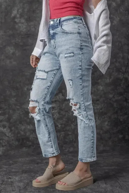 Frayed Slim Fit High Waist Jeans - Fashionfitz