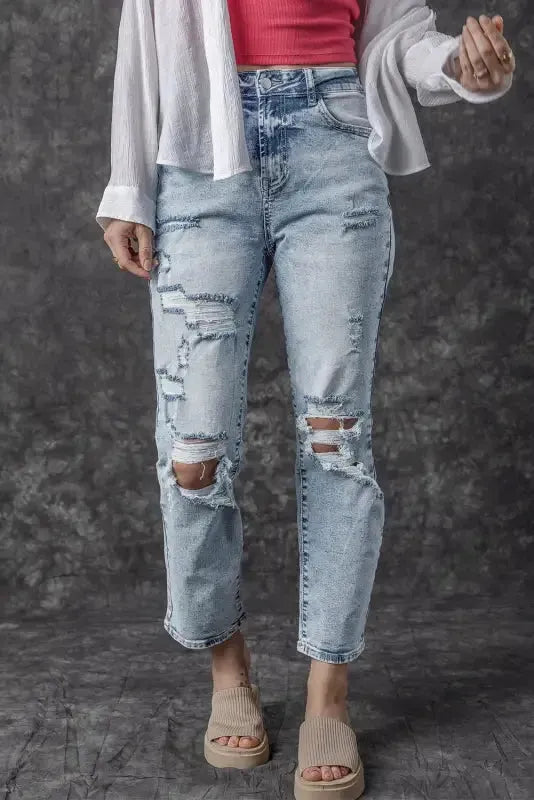 Blue frayed hem slim fit high waist jeans front view — Fashionfitz UK