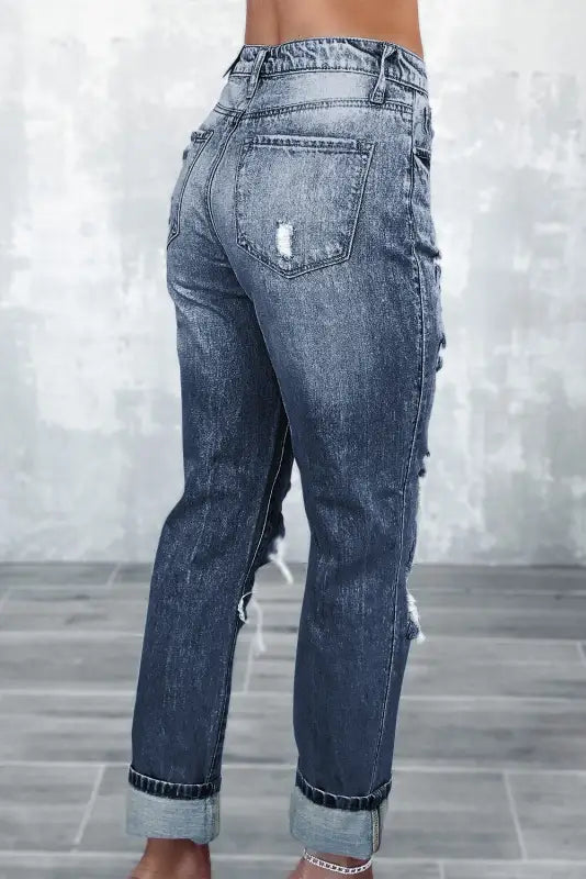 Navy blue light wash frayed slim fit high waist jeans