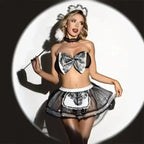 Model wearing French Maid Cosplay Lingerie with bandeau bra and mesh skirt