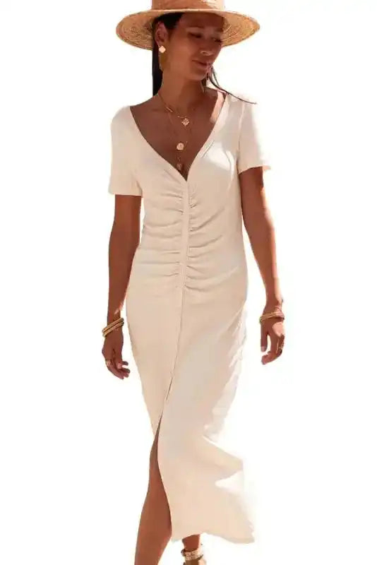 Beige French T-shirt Dress with V-neck and button front on white background, showcasing summer-ready casual style for women.
