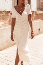 Beige French T-shirt Dress with V-neck and button front, featuring ruched detailing and short sleeves, ideal for summer fashion trends.