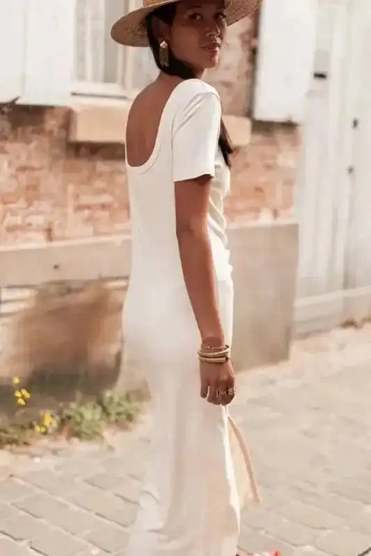 Back view of Beige French T-shirt Dress showing scoop back and soft fabric, perfect for casual summer outings and daily wear.