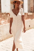 French T-shirt Dress - Beige V-Neck Button Front - Fashionfitz