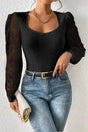 Lace Sleeve Bodysuit - Elegant Style with sheer puff sleeves and scoop neckline, paired with jeans for a chic fall outfit.