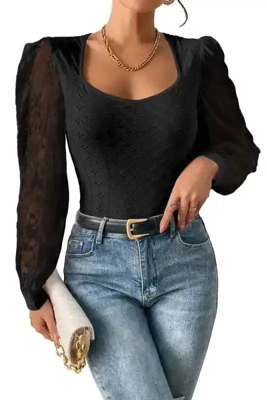 Lace Sleeve Bodysuit styled with jeans and clutch, featuring elegant sheer sleeves and square neckline for fall fashion.