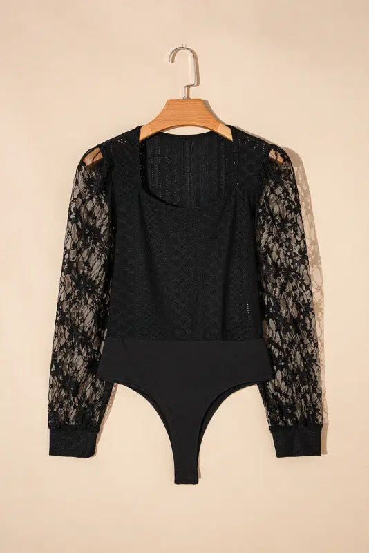 Black frenchy contrast lace bishop sleeve bodysuit - tops