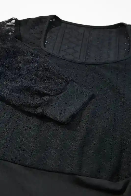 Detail of sleeve and bodice on Lace Sleeve Bodysuit highlighting sheer lace fabric and textured embroidery.