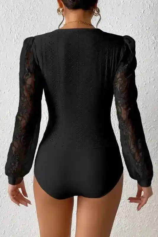Rear view of Lace Sleeve Bodysuit with sheer lace sleeves and thong cut, showcasing comfort fit and elegant design.