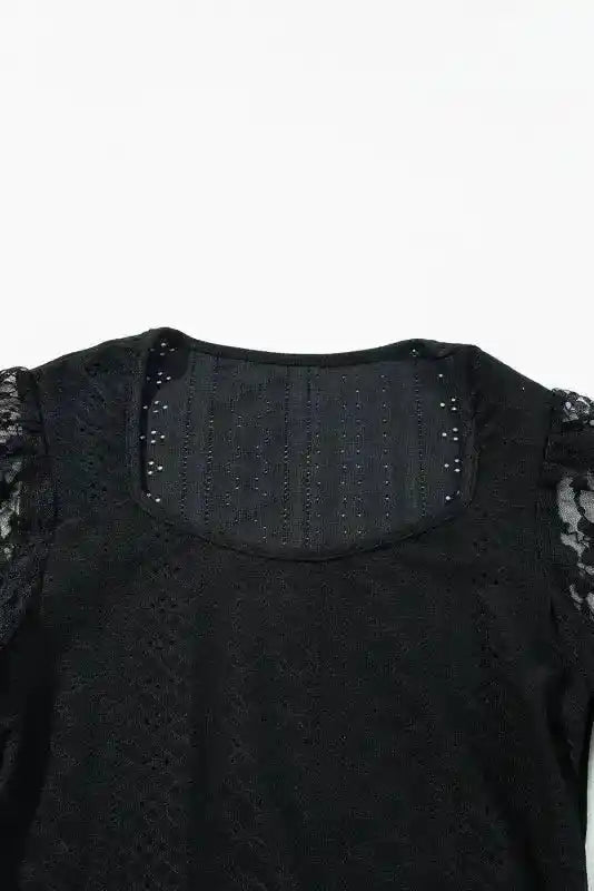 Close-up of neckline on Elegant Lace Sleeve Bodysuit showing detailed embroidery and square cut for a refined look.