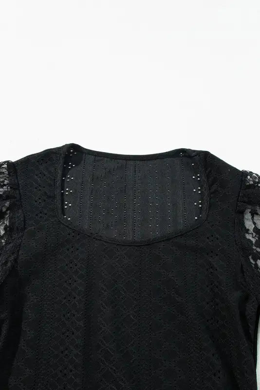 Black frenchy contrast lace bishop sleeve bodysuit - tops