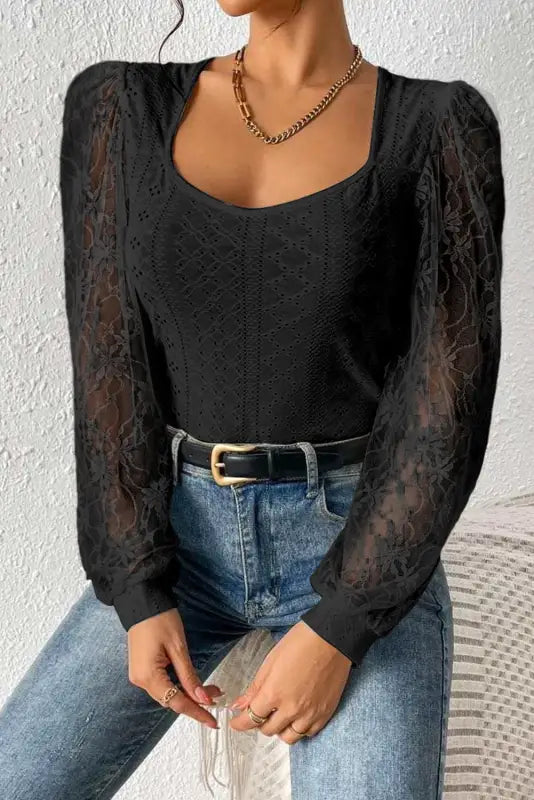 Black frenchy contrast lace bishop sleeve bodysuit - tops