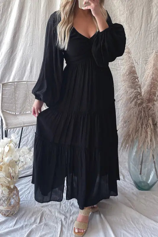 Frill tiered maxi dress - black / l / 80% viscose + 20% nylon - dresses