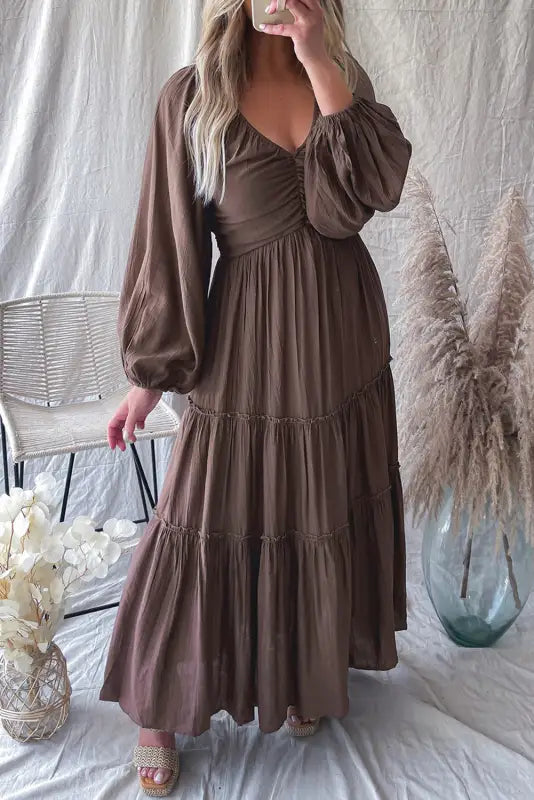 Frill tiered maxi dress - brown / l / 80% viscose + 20% nylon - dresses