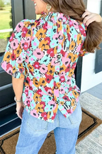 Frilled High Neck Floral Blouse - Buttons Back - Fashionfitz