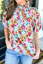 Frilled High Neck Floral Blouse - Buttons Back - Fashionfitz