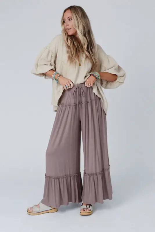 Black frilled high waist wide leg pants - bottoms/pants & culotte