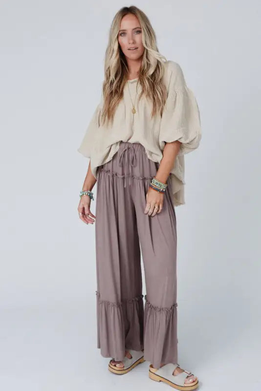 Black frilled high waist wide leg pants - bottoms/pants & culotte