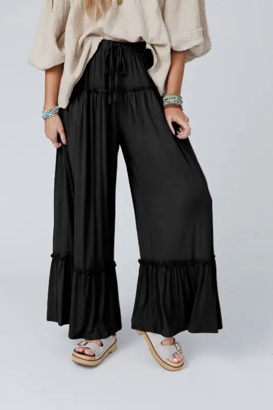 Black frilled high waist wide leg pants - s / 65% polyester + 30% viscose + 5% elastane - bottoms/pants & culotte