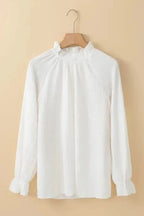 Frilled Mock Neck Ripple Bubble Sleeve Blouse - Fashionfitz
